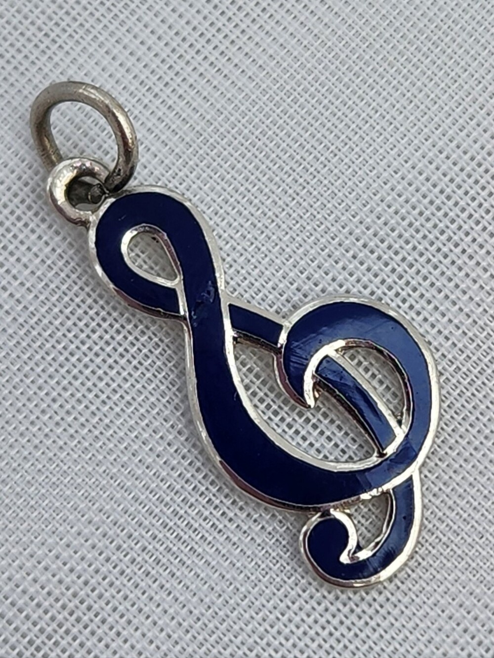 VTG Sterling Silver Treble Clef G Blue Enamel Music Note Charm Pendant - .75"